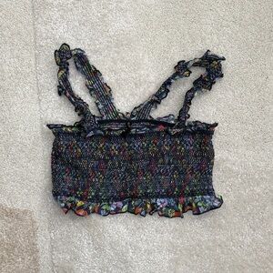 Urban Outfitters Black Smocked Floral Crop Top with Multicolor Print